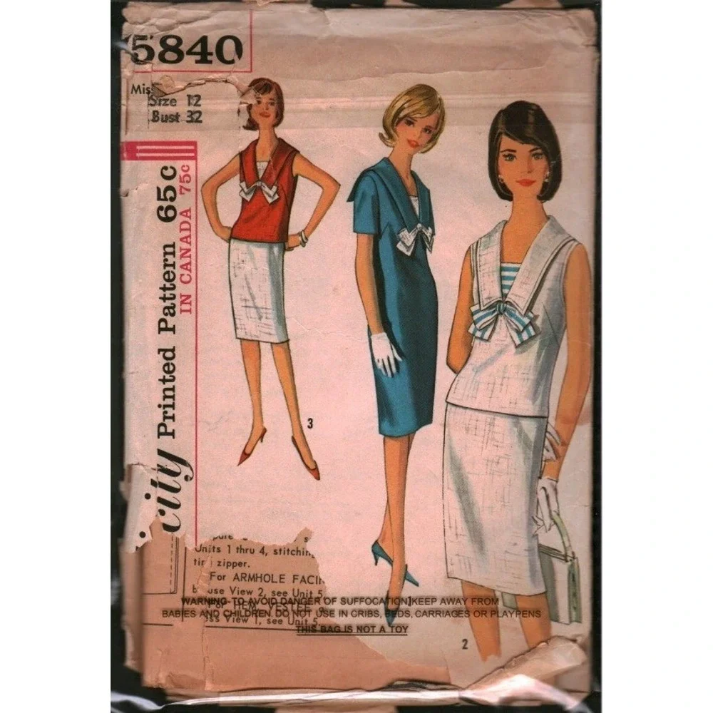 Vintage‎ 1964 Simplicity 5840 Dress Overblouse Skirt Sewing Pattern Size 12 B 32